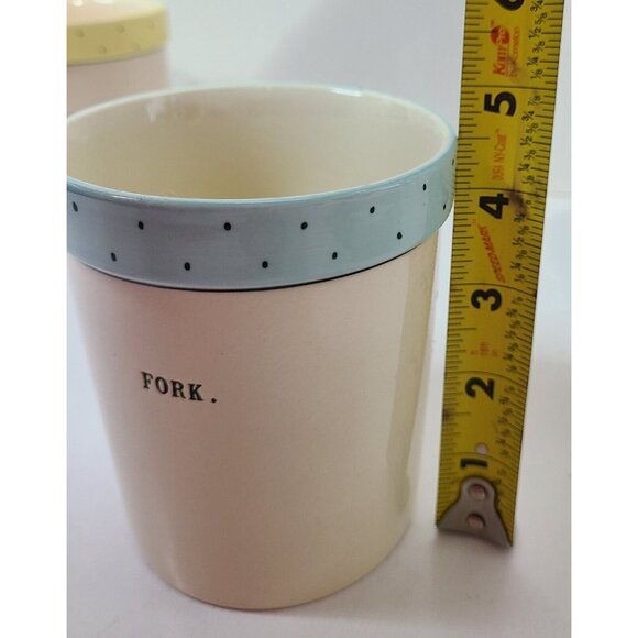 Rae Dunn 4pc Polka Dot Fork Knife Spoon Utensil Jars & Platter Blue Green Yellow - Picture 12 of 15